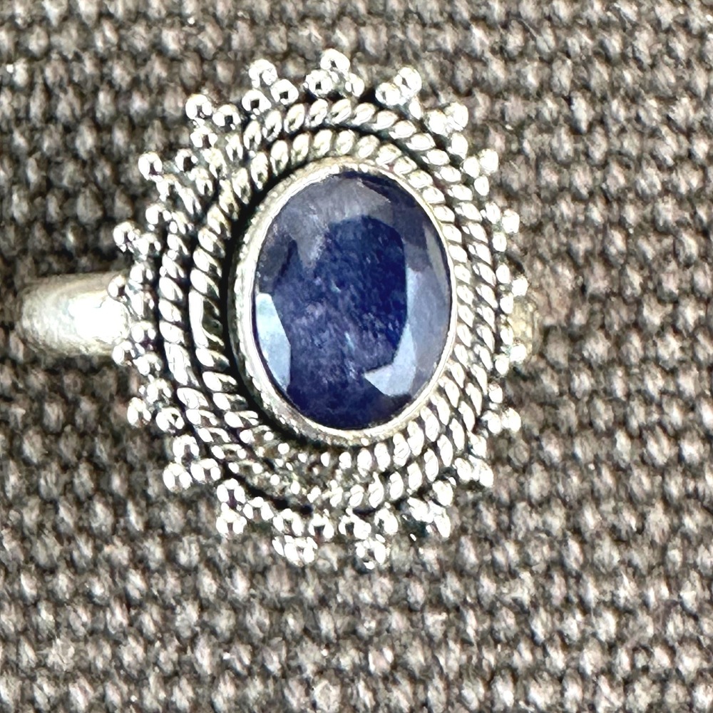 Sapphire Oval Cut .925 Sterling Silver Ring Size 6.5 Bezel Faceted Southwestern